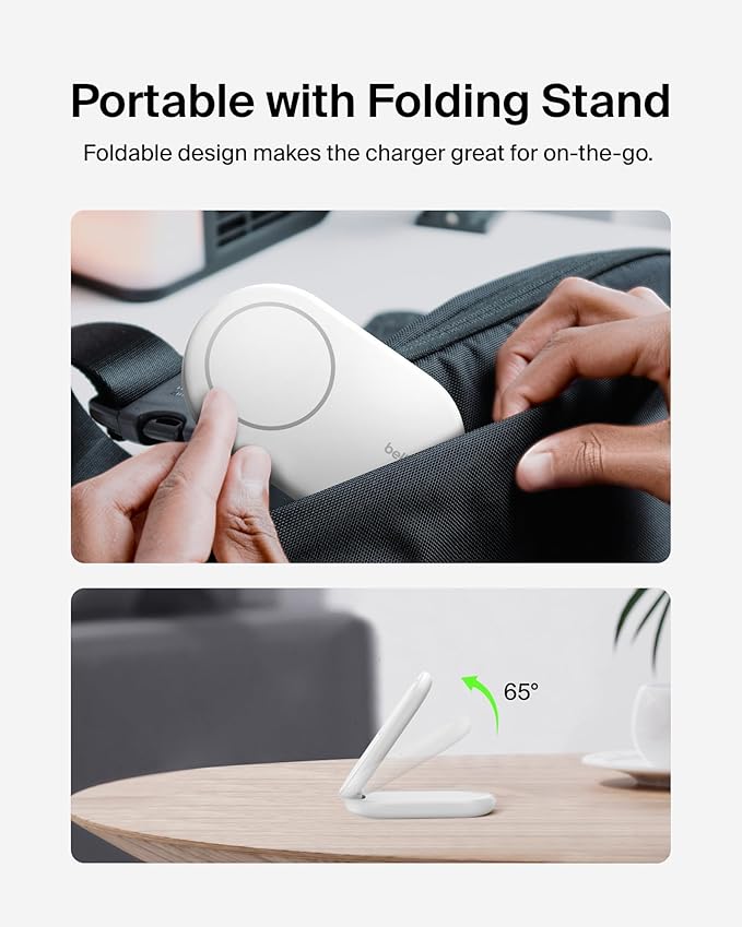 Belkin Magnetic Foldable Wireless Charging Stand 15W - MagSafe-Compatible Qi2-Certified Charger, Wireless Charging Stand for iPhone 16, Galaxy S25, & More - Standby Mode Ready w/PSU Included - White