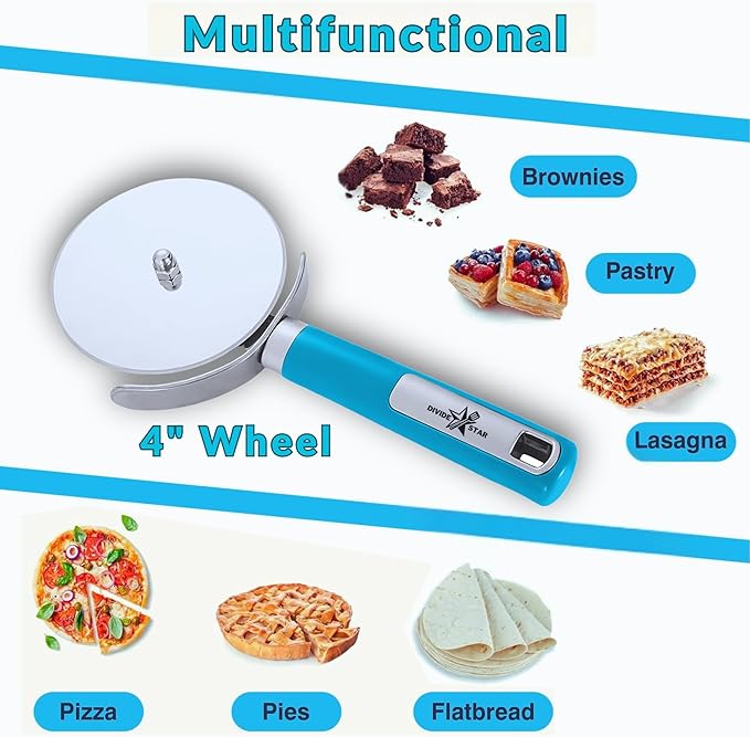 Pizza Cutter Wheel 4” – Sharp Stainless Steel Blade for Effortless Slicing – Ergonomic Grip, Dishwasher Safe – Professional Pizza Slicer for Thick Crust, Flatbreads, Dough – DIVIDESTAR (Blue)