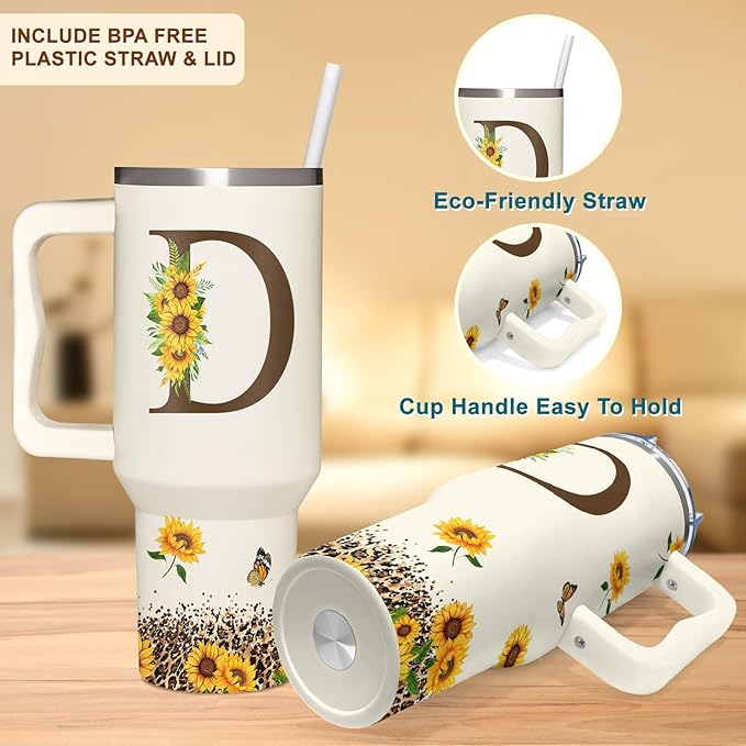 Personalized Birthday Gifts For Women - Sunflowers Monogrammed Cup For Boss Day, Christmas - Customized Gifts For Women, Mom, Wife, Coworkers, Boss Lady, Her - Custom Tumbler With Handle 40oz