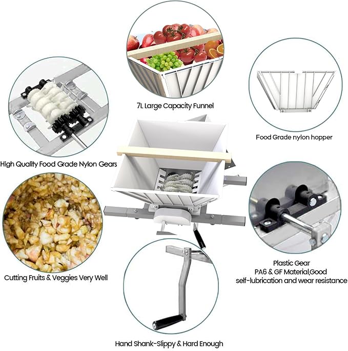 SQUEEZE master Fruit Apple Wine Classic Crusher -7 Litre/1.8Gallon Manual Grinder- Large Nylon Hoopper-Nylon Teeth-Silver