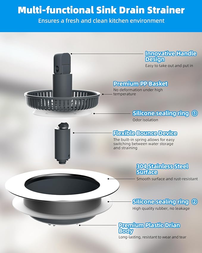 Hibbent 3 in 1 Kitchen Sink Drain Strainer and Stopper Combo, Chrome Stainless Steel Wraped Shell, 3 Anti-Clogging Basket Strainer with Foldable Handle for US Standard 3-1/2" Drain