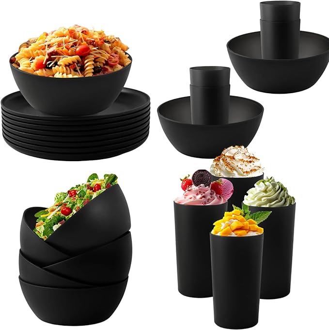 24pcs Dinnerware Sets,Plates and Bowls Sets,Dishes Set for 8,Unbreakable Modern Dish Sets,Reusable Dinning Set,Dishware Sets for Kitchen,Party or Picnic, Dishwasher Safe,Black,BPA free