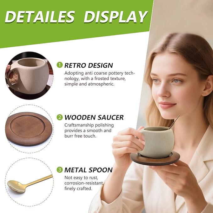 Ceramic Coffee Mug Set with Natural Wood Saucer & Spoon - 8.5 Oz Elegant Tea Cups for Latte, Hot Tea, Cappuccino, Milk - Microwave & Dishwasher Safe Cups for Men Women Birthday Christmas Gifts