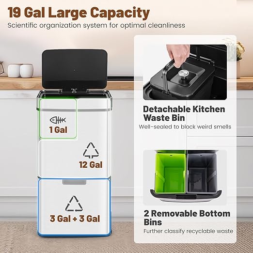 Goplus 19 Gal Stainless Steel Trash Can, 72 L Volume in 4 Containers, Motion Sensor Trash Bin w/Kitchen Waste Bin & 2 Bottom Recycling Bins, Touchless Garbage Can w/Soft Close Lid, Battery Operated