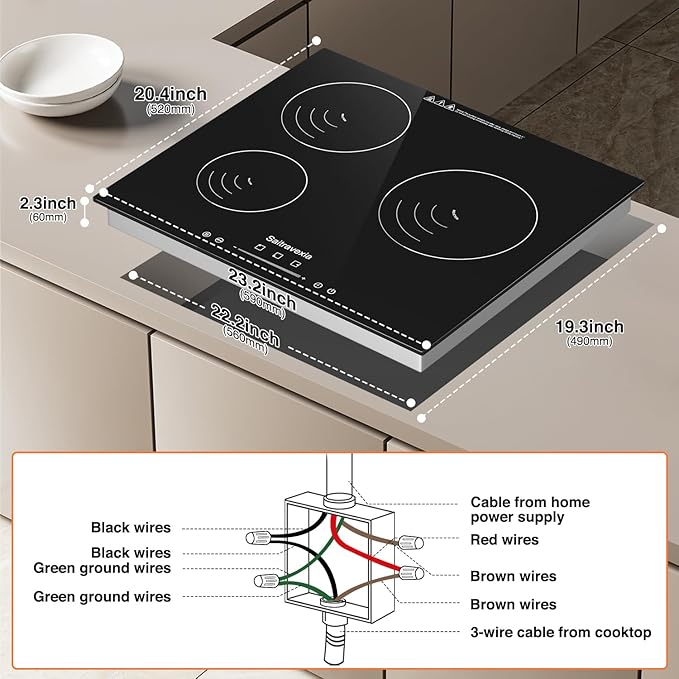 24 Inch Induction Cooktop 3 Burners, 5400W Built-in Induction Stovetop, 3 Power Boost Burners Electric Cooktop, Child Lock, 9 Power Levels, Timer, Touch Control 220-240V Hard Wire