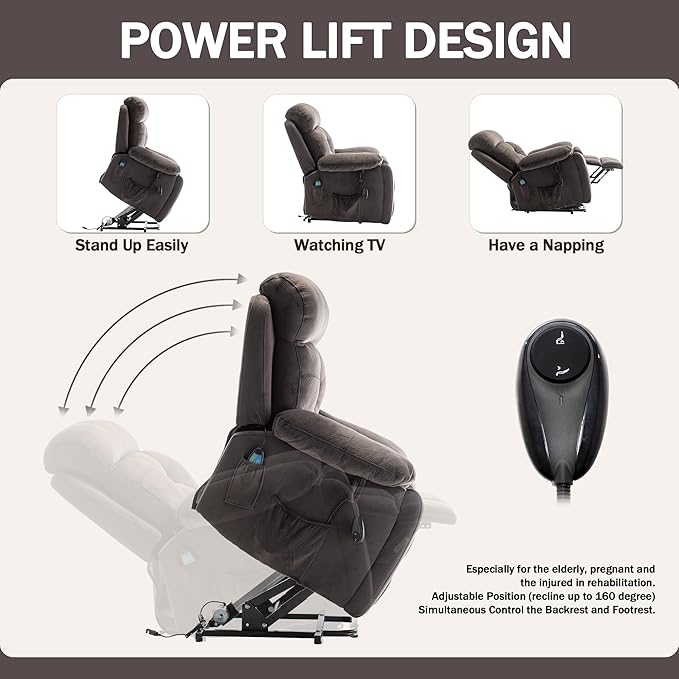 Oversized Power Recliner Chair with Massage Heat for Elderly Lift Chair, Infinite Position, Velvet Electric Recliner with Cup Holders, Side Pockets