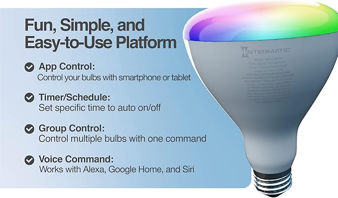 Intermatic ABRA BR30 Wi-Fi Smart Bulb, 750 Lumens - Voice Controlled RGB Color Changing LED, Compatible with Alexa & Google Home - Timers & Schedules, 2.4 GHz Wi-Fi Only, No Hub Required - 4 Pack