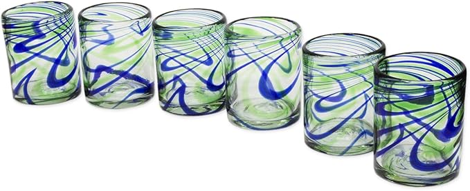 NOVICA Artisan Handblown Recycled Tumbler Drinkware | Rocks Glass Handmade Mexico Drinkware Tumbler | Handcrafted Blown Glass Rocks Blue Green Swirls | Eco-Friendly Drinking Glasses | 10 oz | 'Elegant