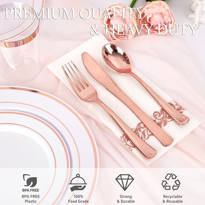Supernal 400pcs Rose Gold Plastic Plates Disaposable Heavy Duty included Disposable Utensils& Plastic Party Plates Disaposable Party Cups and Napkins Sets for Wedding Party and Birthday