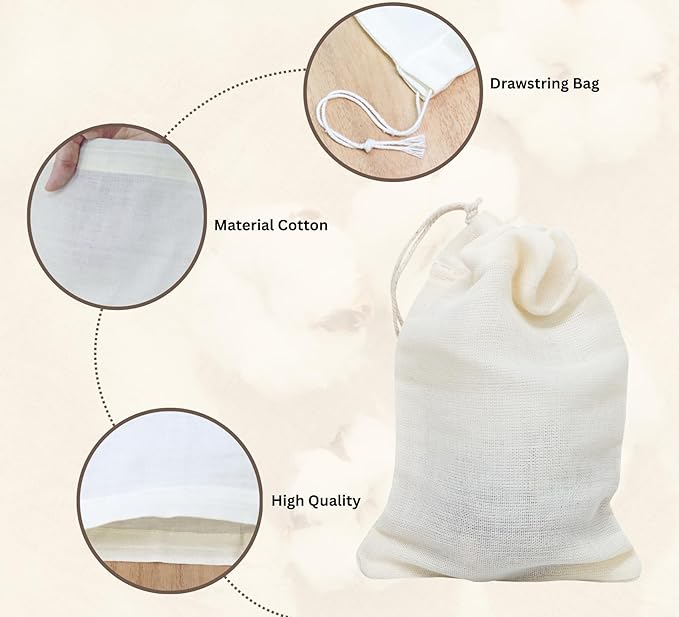 PurpleEssences Empty Spice Bags for Cooking Soup - Natural Unbleached Cotton Muslin Drawstring Cheesecloth Bags for Tea, Herbs, Bone Broth, Cold Brew & Straining - Natural (2, 4 x 6 Inch)