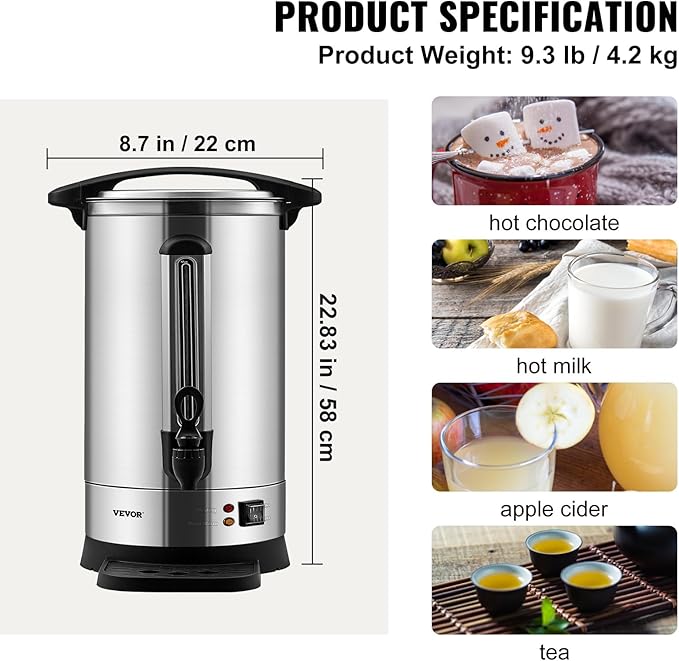 VEVOR Commercial Coffee Urn, 65Cups/9.75L Stainless Steel Large Coffee Dispenser, 1500W 110V Electric Coffee Maker Urn For Quick Brewing, Hot Water Urn with Water Gauge for Easy Viewing