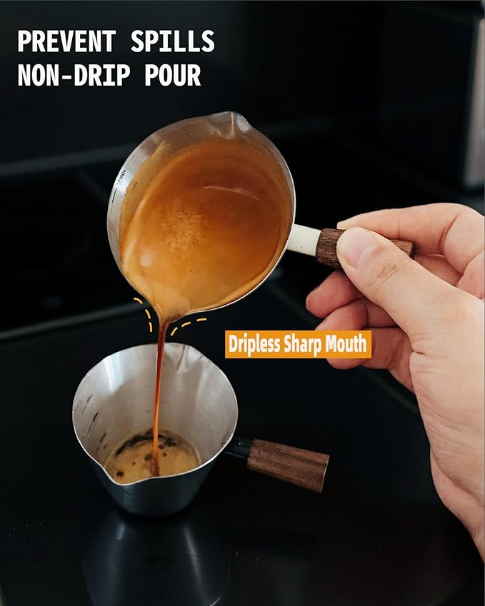 Espresso Cups - 4OZ Espresso Shot Cup with Wooden Handle -Measuring Cup with Double Spouts - Coffee Bar Accessories, White