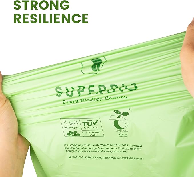 SUPERBIO 8 Gallon Compostable Drawstring Kitchen Waste Bags,30.3 Liter, 30 Count, 1 Mil,Heavy Duty Food Waste Bags, BPI, Seedling and OK compost INDUSTRIAL