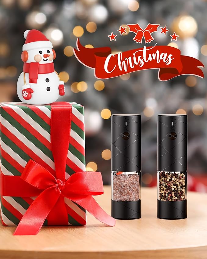 Electric Salt and Pepper Grinder Set with Adjustable Coarseness, Rechargeable Automatic Salt and Pepper Grinder Set with One Hand Operated and LED Light, Salt Grinder & Pepper Mill for Family BBQ