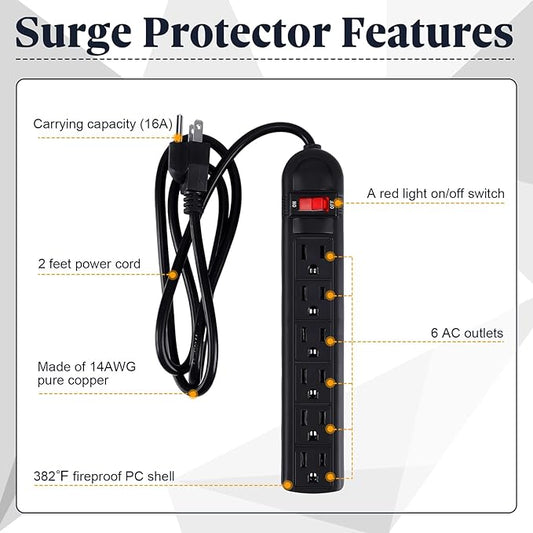 Hoteam 10 Pcs Power Strip Bulk 6 Outlet Surge Protector Power Cord Electrical Extension Cord with Switch Low Profile Plug Flat for Home Office(2 ft,Black)