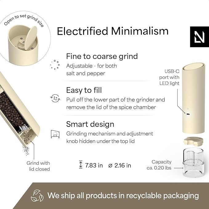 LARS NYSØM Gravity Grinder - Electric Salt & Pepper Grinder Set - USB-C Rechargeable Automatic Spice Grinder, Adjustable Coarseness, One-Handed Operation for Kitchen (Almond Beige)