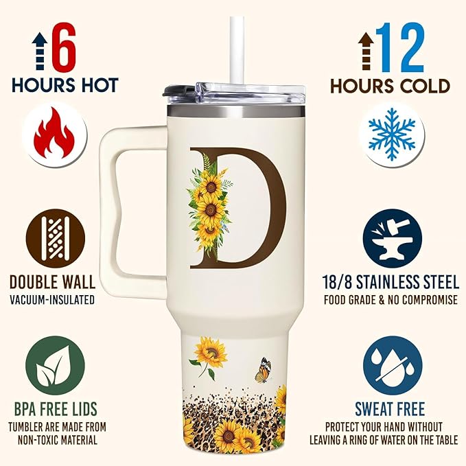 Personalized Birthday Gifts For Women - Sunflowers Monogrammed Cup For Boss Day, Christmas - Customized Gifts For Women, Mom, Wife, Coworkers, Boss Lady, Her - Custom Tumbler With Handle 40oz