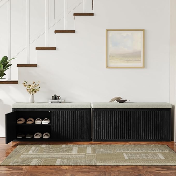 Entryway Shoe Storage Bench with 2" Cushion, 37.4" Small Bench with Shoe Rack, Cabinet Organizer for Hallway，Bedroom End of Bed, Black