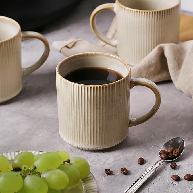 MONITO 16Oz Coffee Mugs Set of 4, Rustic Ceramic Coffee Cups Set with Large Handle, Vintage Striped Stoneware Coffee Mugs for Latte, Cocoa, Tea, Milk, Microwave & Dishwasher Safe, Bonbon Beige