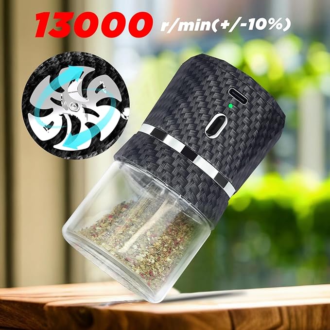 Electric Grinder Automatic Mini Size Spice Crusher with 2PCS Glass Jar of 1.7oz/50ml Rechargeable (not for grinding nut & coffee bean), Carbon Fiber Pattern