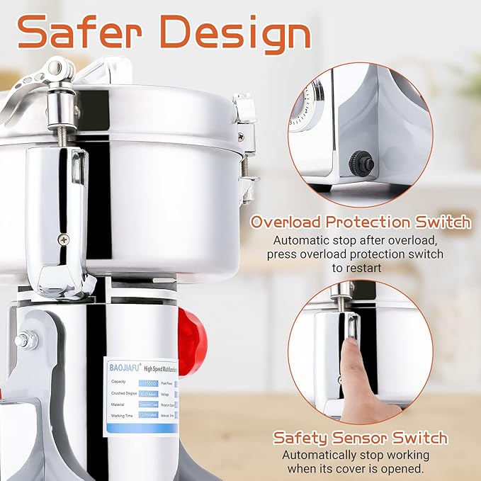 Electric Grain Mill 1000g High-speed Grain Spice Herb Grinder 2600W Dry Grinder Machine 304 Stainless Steel Superfine powder High-speed Grain Mill 36000r/min for Kitchen Home and Commercial