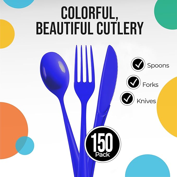 Party Solids Dark Blue Plastic Silverware Heavy Duty 150 Pieces Dark Blue Disposable Silverware Heavy Duty, Utensil Sets, 50 Of Each Forks, Knives & Spoons Disposable Cutlery Set For Party Supplies