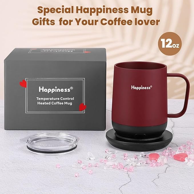 Happiness Smart Heated Coffee Mug,12oz Rechargeable Electric Self Heating Temperature Control Coffee Cup