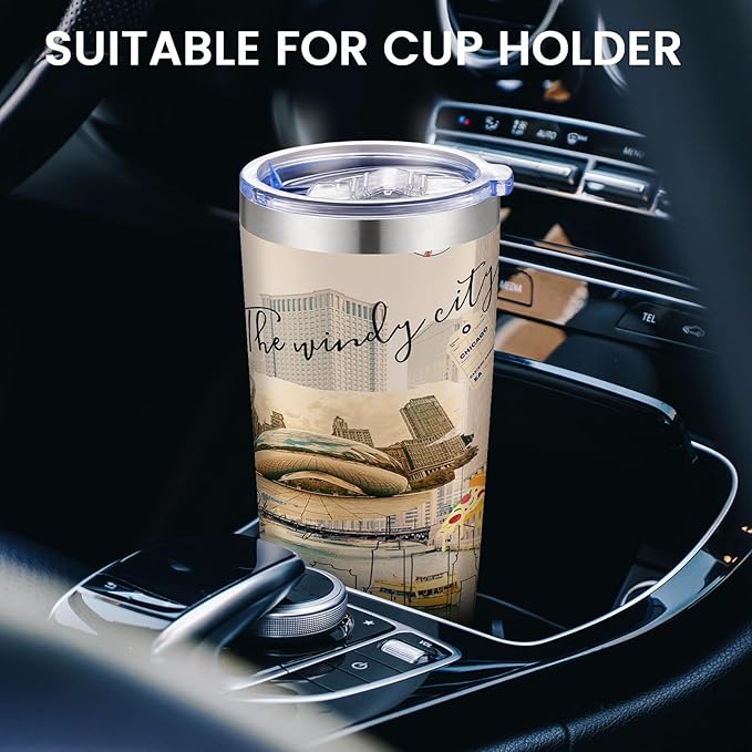 20oz Insulated Tumbler Chicago City Coffee Mug, United States Map Travel Mug Landmark, Birthday Gifts Cute Custom Tumbler Cups with Lid and Straw Gifts for Mom