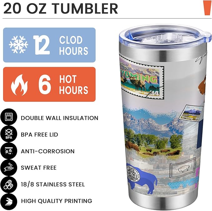 20oz Insulated Tumbler Wyoming State Coffee Mug, United States Map Travel Mug Landmark, Birthday Gifts Cute Custom Tumbler Cups with Lid and Straw Gifts for Mom