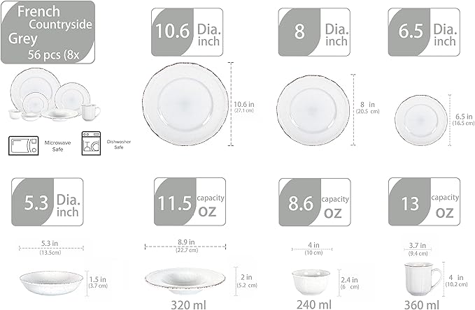 56pc Dinnerware Set, Plate and Bowl Set, Stoneware Dishes Set for 8, Microwave and Dishwahser Safe, Scratch Resistant, French Countryside Speckled Antique Grey
