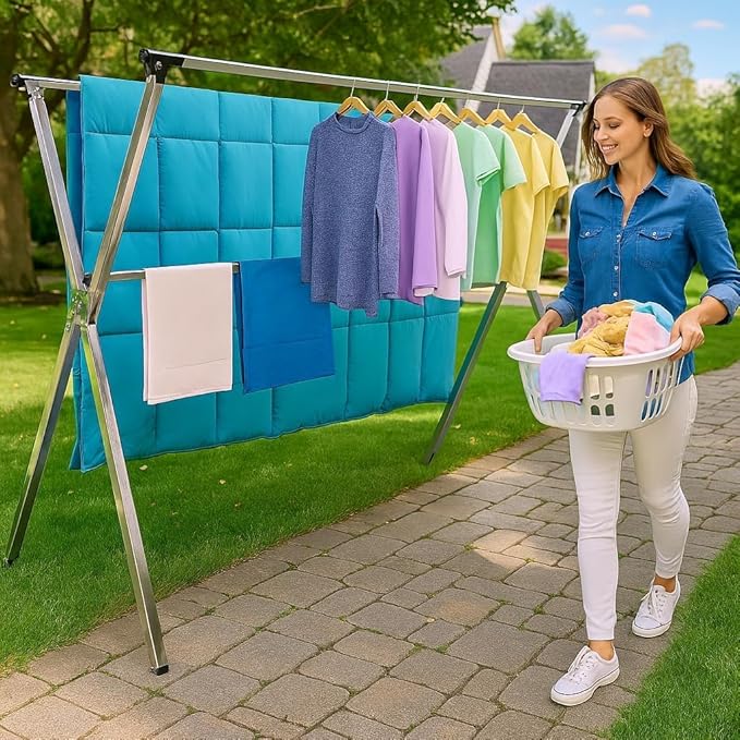 Premium Stainless Steel Clothes Drying Racks 81.5-83 Inches Heavy Duty Drying Rack Clothing Collapsible Foldable Portable Large Laundry Drying Rack with 20 Windproof Hooks for Indoor Outdoor