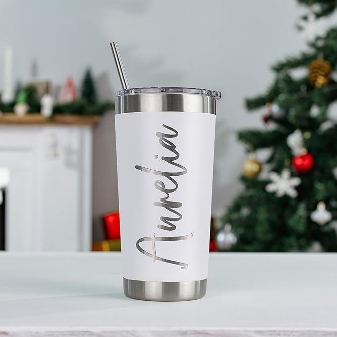 Personalized Tumblers, Stainless Steel 20 oz Tumbler w/Lid |13 Different Designs| Personalized Cups Double Walled Insulated Coffee Cup for Travel - White