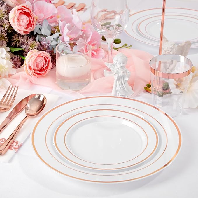 Supernal 400pcs Rose Gold Plastic Plates Disaposable Heavy Duty included Disposable Utensils& Plastic Party Plates Disaposable Party Cups and Napkins Sets for Wedding Party and Birthday