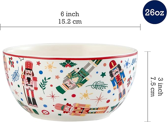 Bico Christmas Soldier Cereal Bowls Set of 4, 26 oz Deep Ceramic Soup Bowls for Cereal, Salad, Noodles, Kitchen, Microwave and Dishwasher Safe, Gift for Housewarming and Thanksgiving