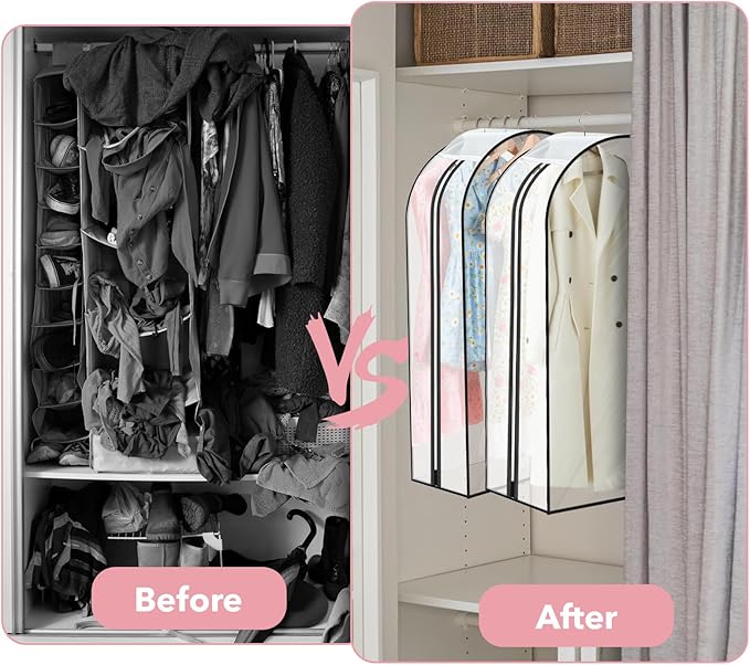 5 Pack 60" Large Clear Garment Bags for Hanging Clothes Storage, 10" Gusseted Large Capacity Garment Rack Cover, Hanging Clothing Bag for Dress Gowns, Coats, Suit, Down Jacket