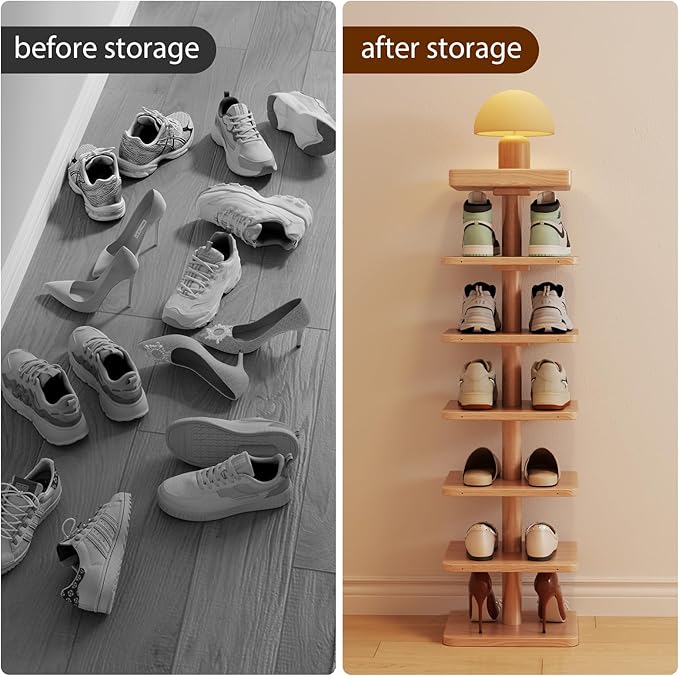 Narrow Shoe Rack for Entryway - Wood Narrow Shoe Rack with Compact Design for Small Space, 6-Tier Shoe Organizer for Entryway Hallway Bedroom Closet