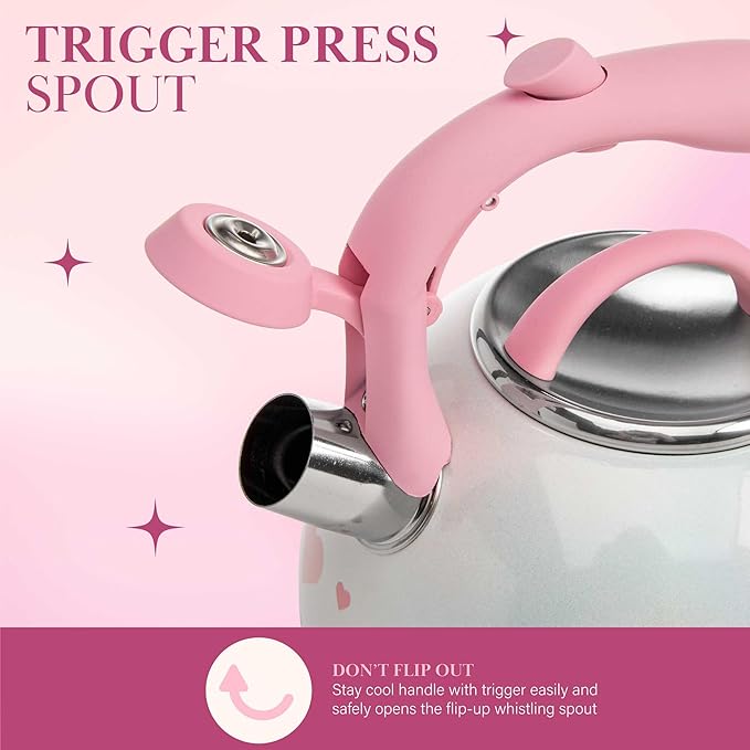Paris Hilton Whistling Stovetop Tea Kettle, Stainless Steel with Iridescent Heart Design, Soft Touch Handle, 2.5-Quart, Iridescent