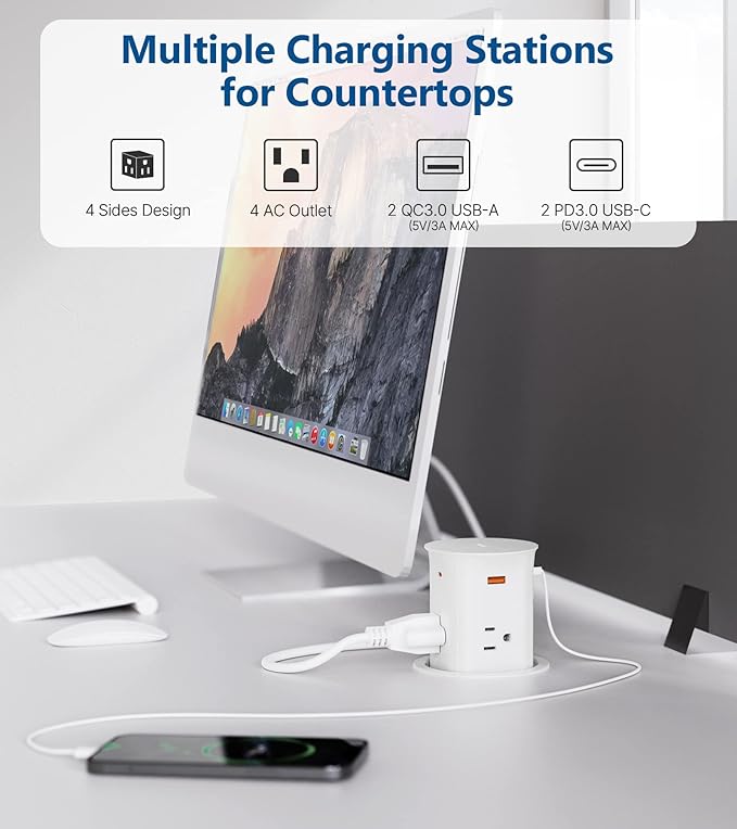 Pop Up Outlet for Countertop,Recessed Power Strip,Power Grommet 3.15 inch Desk Hole Insert,20W USB C,2 Outlets,2 USB C/2 USB A, Table Outlet,Desk Charging Station (White, 3FT)