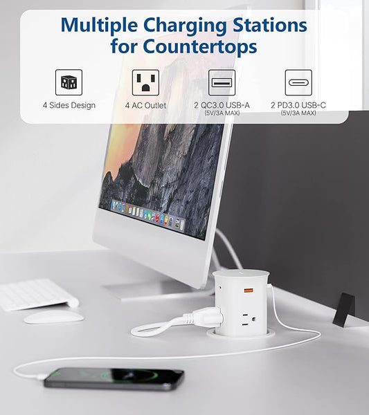 Pop Up Outlet for Countertop,Recessed Power Strip,Power Grommet 3.15 inch Desk Hole Insert,20W USB C,2 Outlets,2 USB C/2 USB A, Table Outlet,Desk Charging Station (White, 3FT)