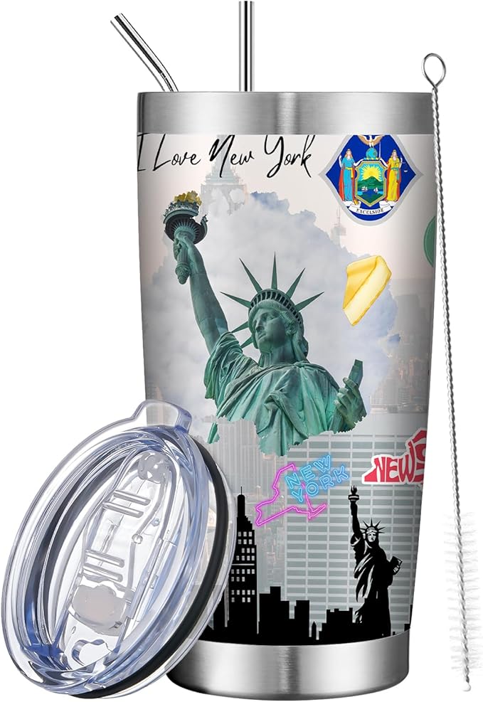 20oz Insulated Tumbler New York State Coffee Mug, United States Map Travel Mug Landmark, Birthday Gifts Cute Custom Tumbler Cups with Lid and Straw Gifts for Mom