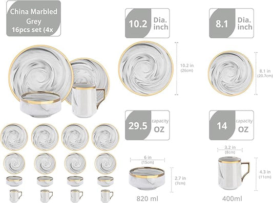 16 Piece Plates and Bowls Sets, Fine China Artisan Marbled Dinner Set for 4, Dishwahser Safe, Scratch Resistant, Grey with Gold Line