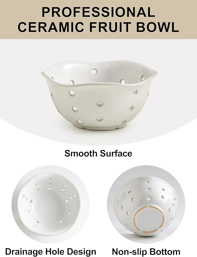 Gomakren Ceramic Berry Basket Set of 2, Elegant Fruit Basket Container 6 Inch, Fruit Bowl with Holes for Kitchen Counter, Berries, Strawberry, Grape, Cherry, Floral Shape - White