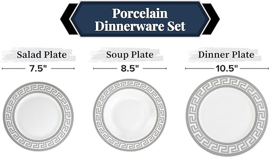 Porcelain 12 Piece Dinnerware Set - Service for 4 - Gorgeous Silver Greek Key Inspired Design - Includes Kitchen Plates, Ceramic Dishes Set for 4 (Meander Silver)