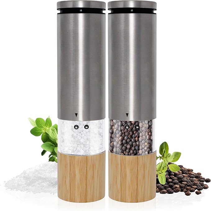 Automatic Battery Operated Electric Pepper and Salt Mill Grinder Set with Adjustable Mechanism for Fine, Medium, and Coarse Grinding (2 Pack)