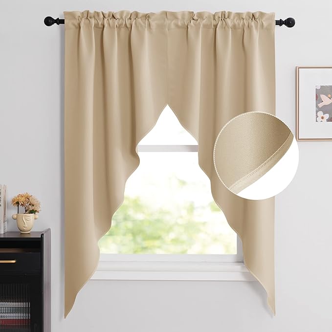 NICETOWN Room Darkening Pole Pocket Kitchen Tier Curtains- Tailored Scalloped Valance/Swags for Nursery for Basement (Biscotti Beige, 2 Pieces, 72 inches Wide Combined, 63 inches Long)