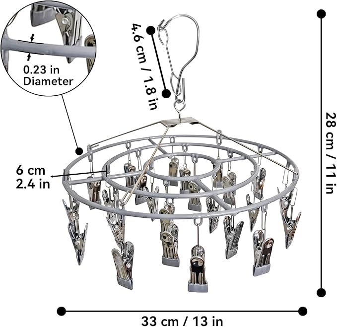 Stainless Steel Laundry Drying Rack Clothing Sock Drip Clothes Drying Hanger with 24 Clips, Swivel Windproof Hook Round Heavy Duty Underwear Hanger for Indoor Outdoor Wet and Dry (Grey)