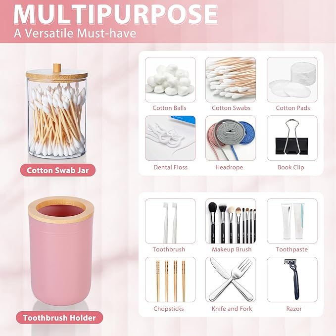 iMucci Bathroom Accessories Set 5Piece Pink Bathroom Sets, Toothbrush Holder, Toothbrush Cup, Lotion Soap Dispenser, Soap Dish and Qtip Holder Bathroom Decor