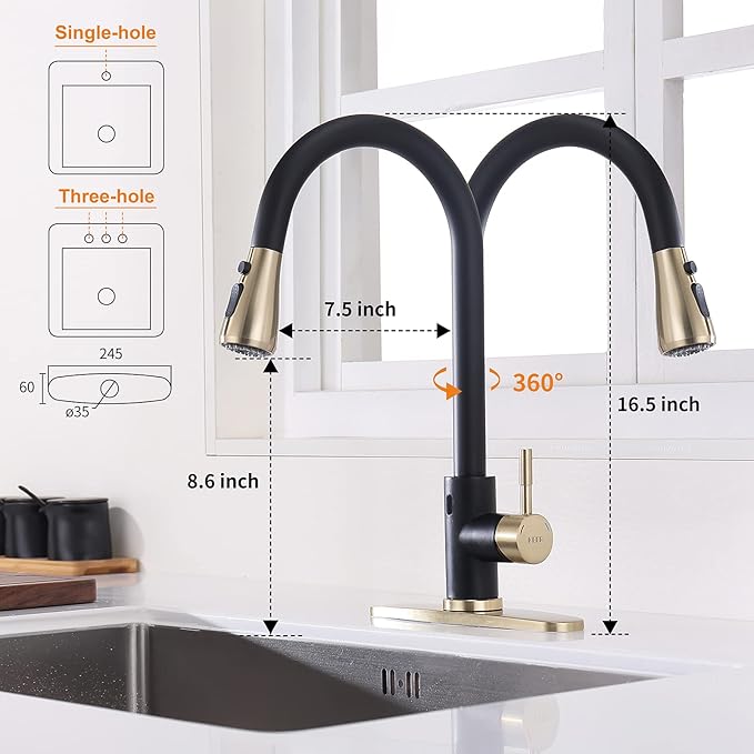 Touchless Kitchen Faucet with Pull Down Sprayer, Motion Sensor Kitchen Faucet with Kitchen Soap Dispenser, Single Handle High Arc Pull Out Faucet for Kitchen Sink,Black and Polished Chrome