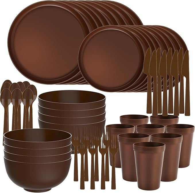 40 Piece RV & Camping Dinnerware Set, Elegant Ceramic-Look Large Bowls & Plates, Unbreakable & 100% Microwave Safe, Melamine Alternative Service for 8, Brown