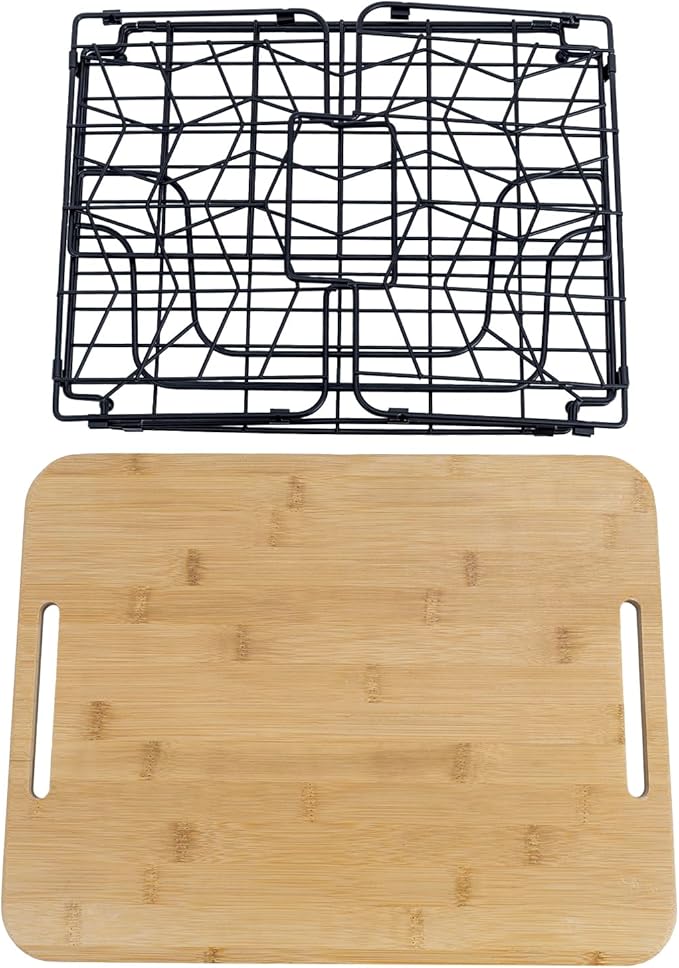 MyGift Kitchen Storage Wire Basket, Foldable Matte Black Metal Fruit and Produce Basket with Bamboo Cutting Board Lid, Pantry Counter Organization